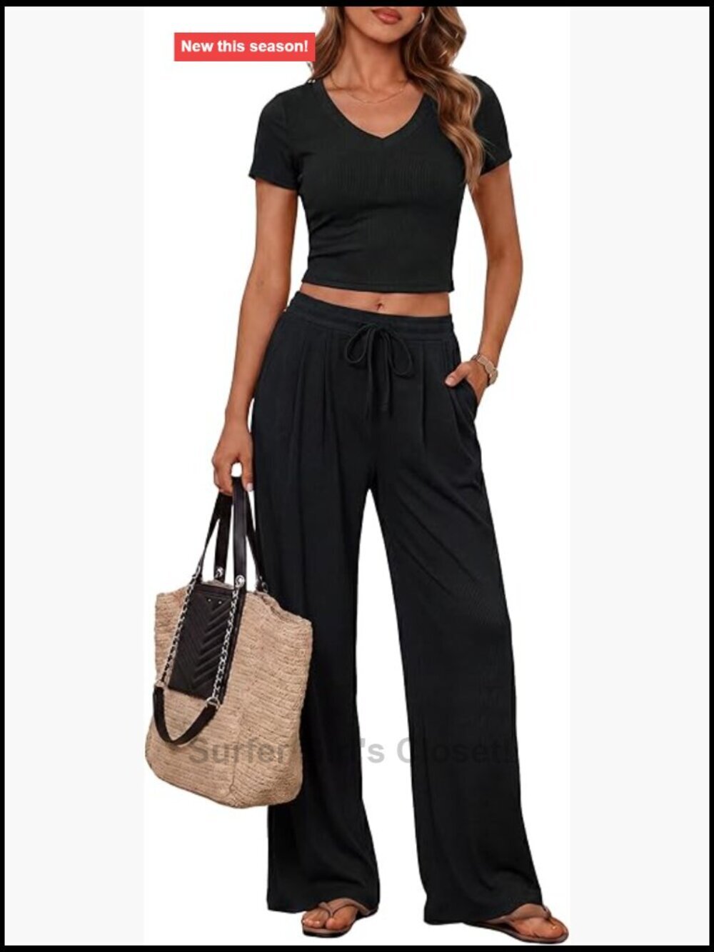 2 Piece Lounge Set V Neck Top Wide Leg Pants Travel Outfits
